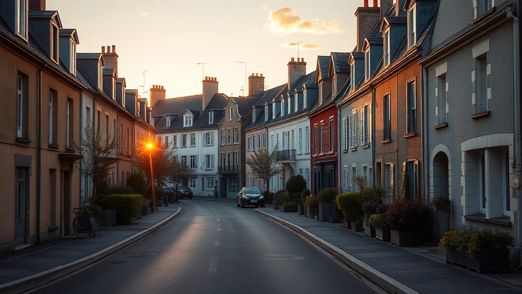 Rue résidentielle paisible au coucher du soleil près de Lannion